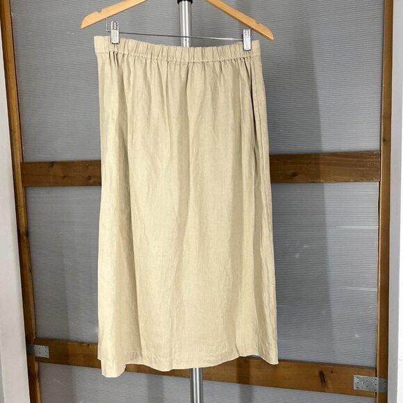 Eileen Fischer Tan 100% Linen A-Line Faux Wrap Midi Skirt Sz S - Picture 6 of 12